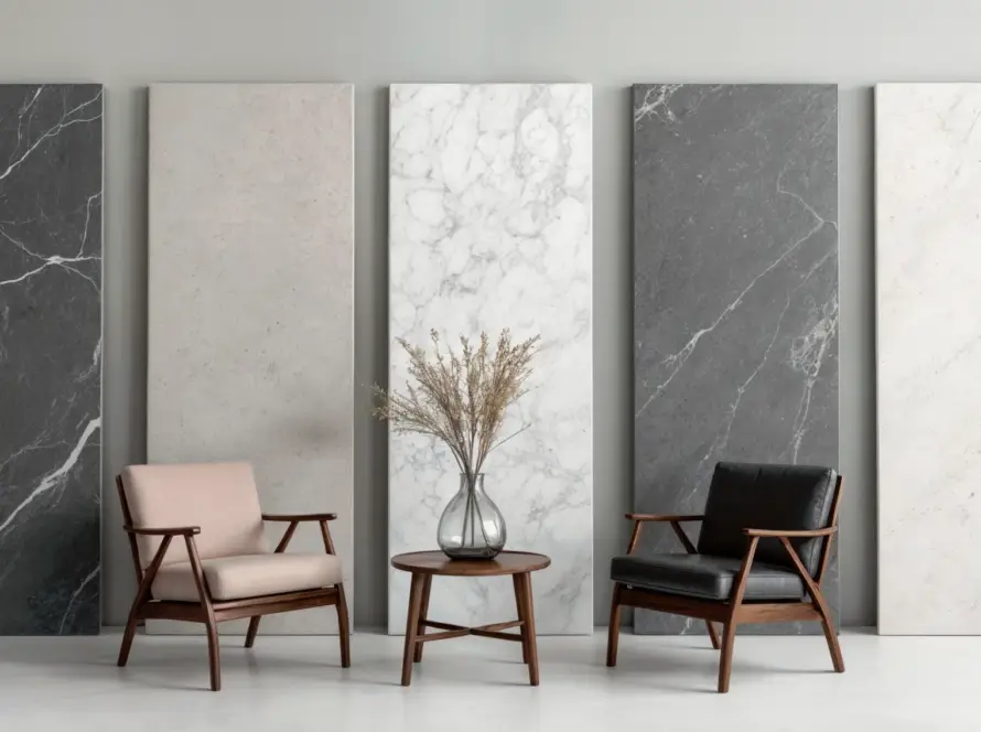 Five SPC wall panels in various colors and patterns displayed alongside two armchairs and a side table